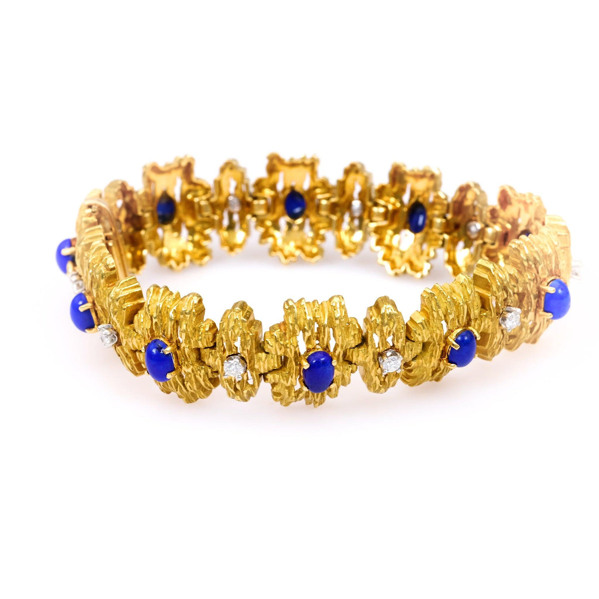 Vintage Diamond and Lapis Lazuli 18k Yellow Gold Modernist Link Bracelet