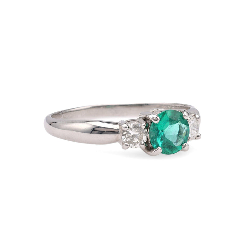 Vintage Emerald Diamond Platinum Three Stone Ring