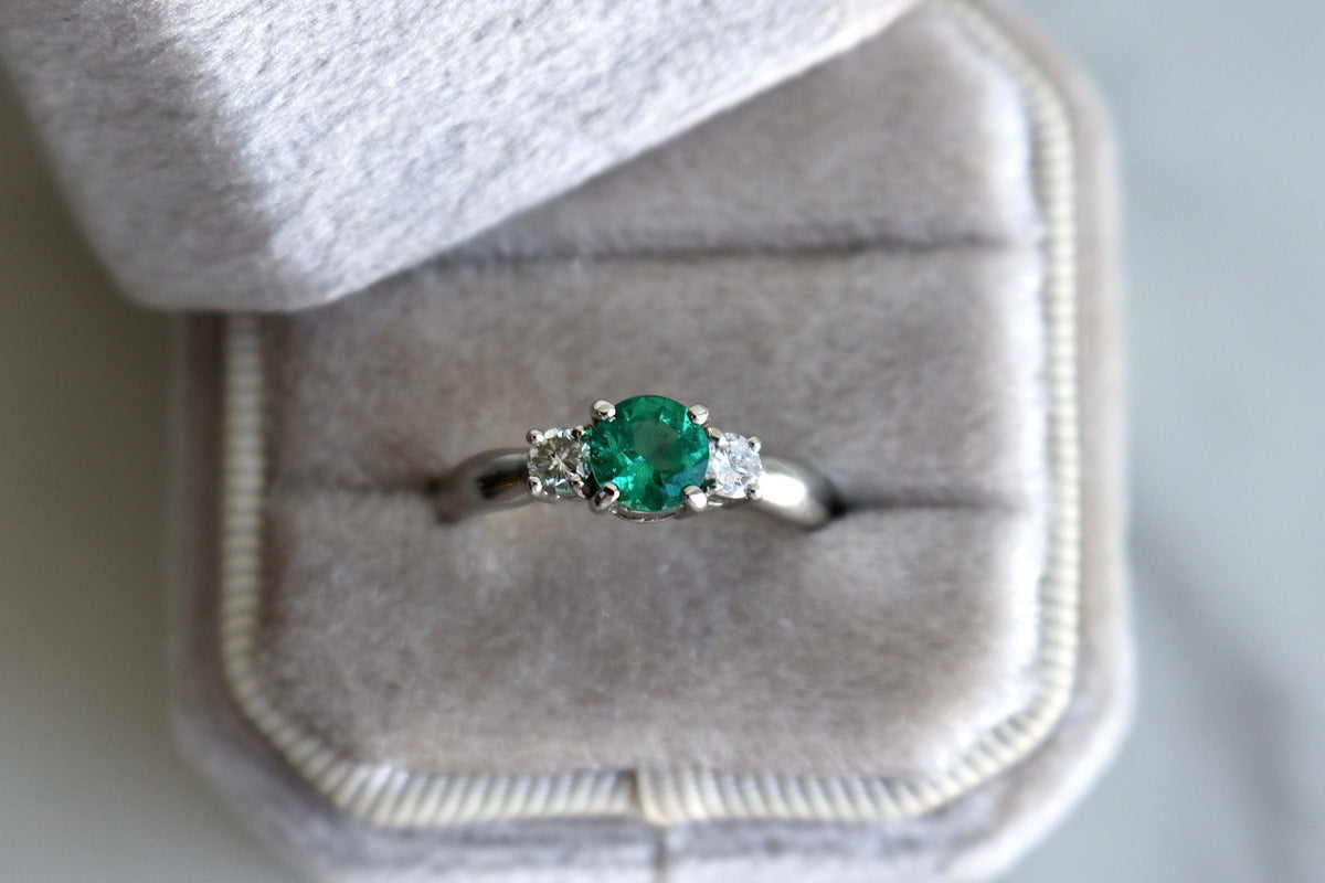 Vintage Emerald Diamond Platinum Three Stone Ring