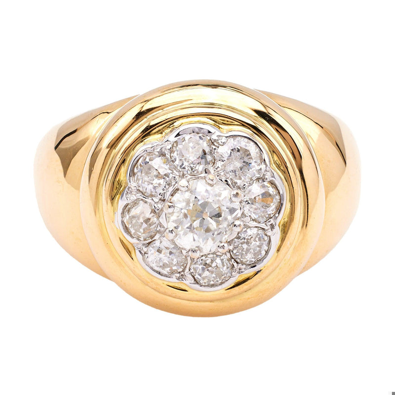 Vintage French Diamond 18k Two Tone Gold Cluster Ring