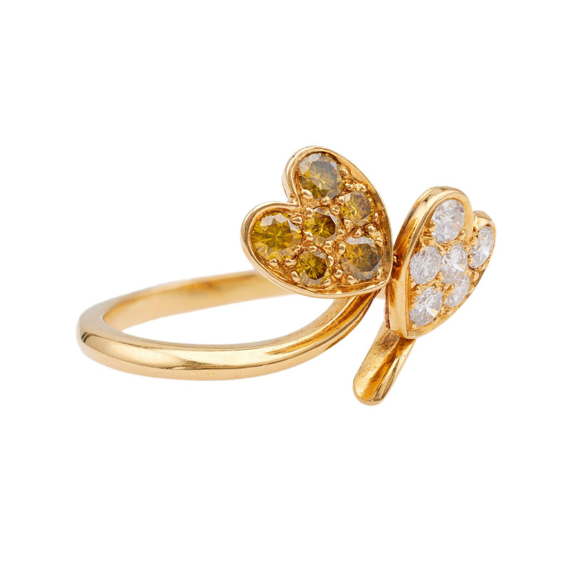 Vintage French Diamond 18k Yellow Gold Double Heart Ring