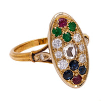 Vintage French Diamond and Gemstone 18k Yellow Gold Ring