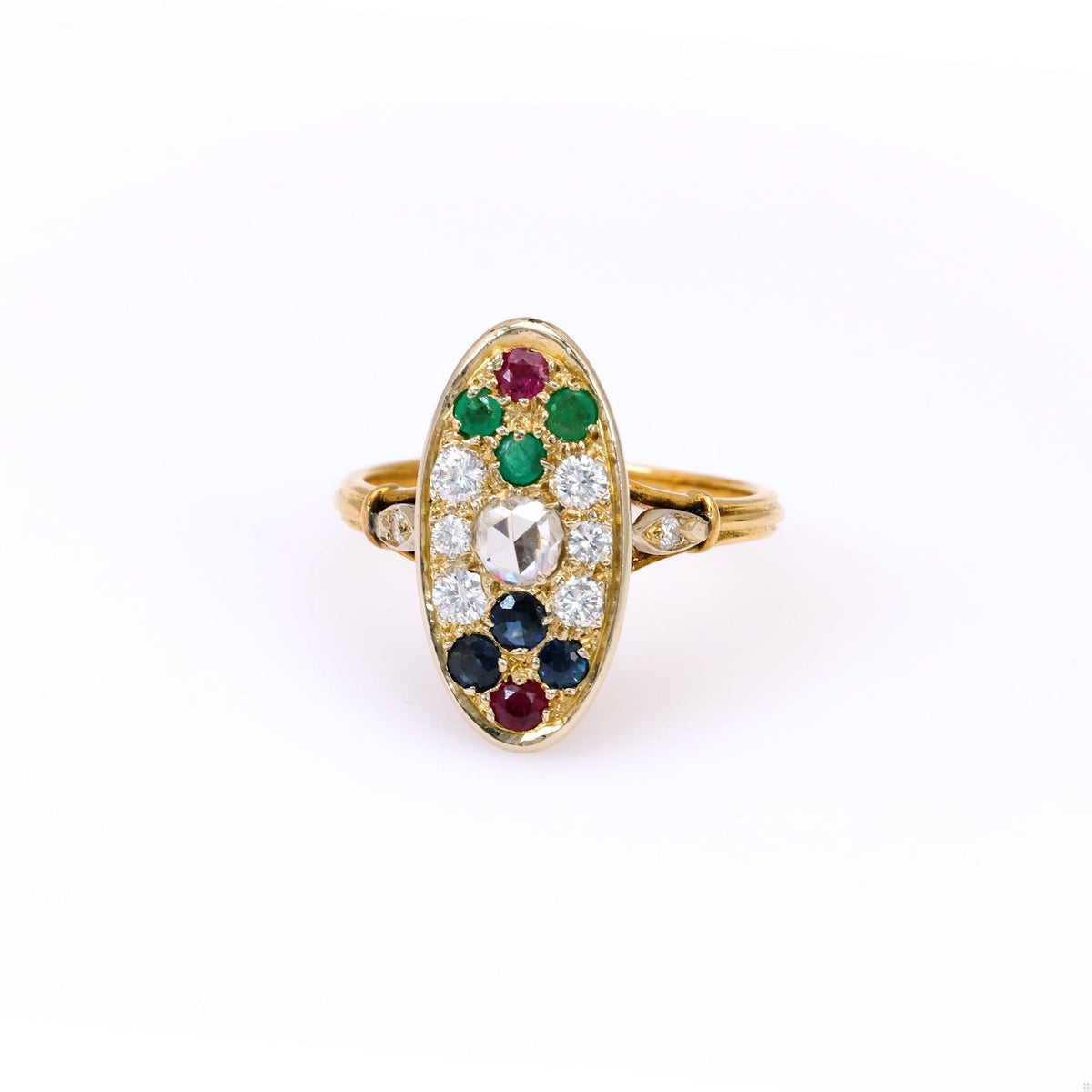 Vintage French Diamond and Gemstone 18k Yellow Gold Ring