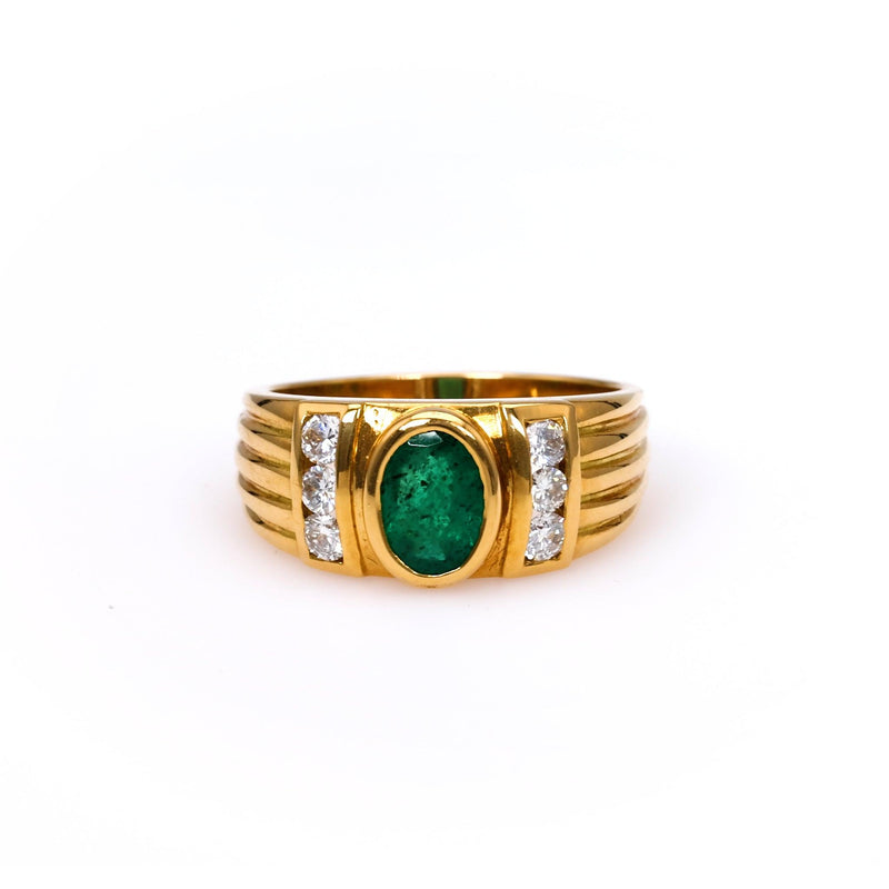 Vintage French Emerald and Diamond 18k Yellow Gold Ring