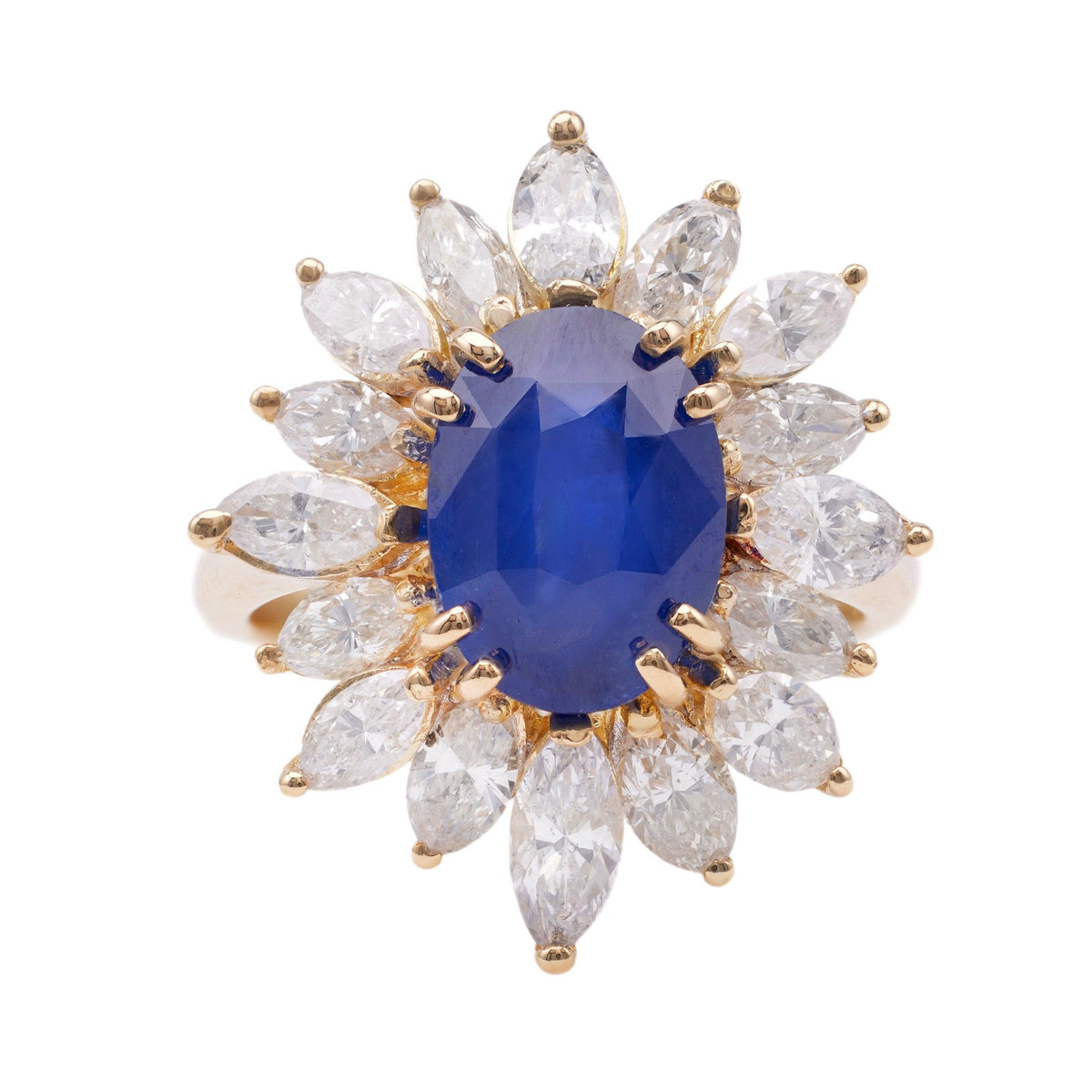 Vintage French GIA Ceylon Sapphire Diamond 18k Yellow Gold Cluster Ring