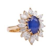 Vintage French GIA Ceylon Sapphire Diamond 18k Yellow Gold Cluster Ring