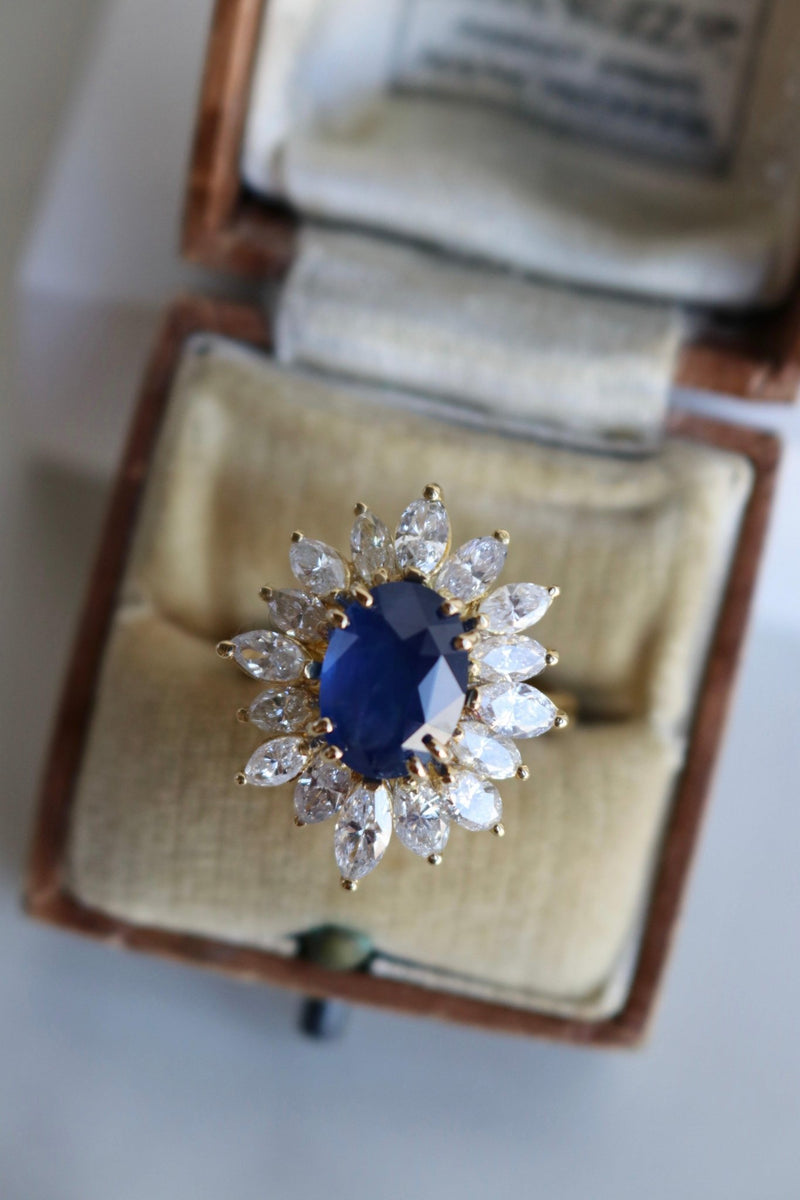 Vintage French GIA Ceylon Sapphire Diamond 18k Yellow Gold Cluster Ring