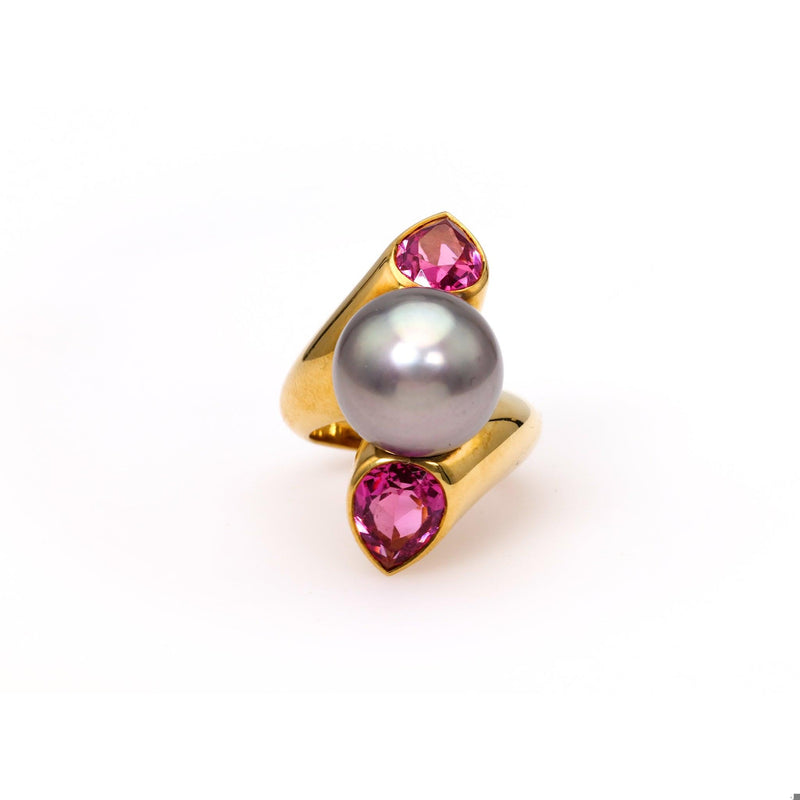 Vintage French Pearl and Tourmaline 18k Yellow Gold Ring