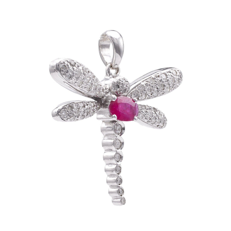 Vintage French Ruby Diamond 18k White Gold Dragonfly Pendant