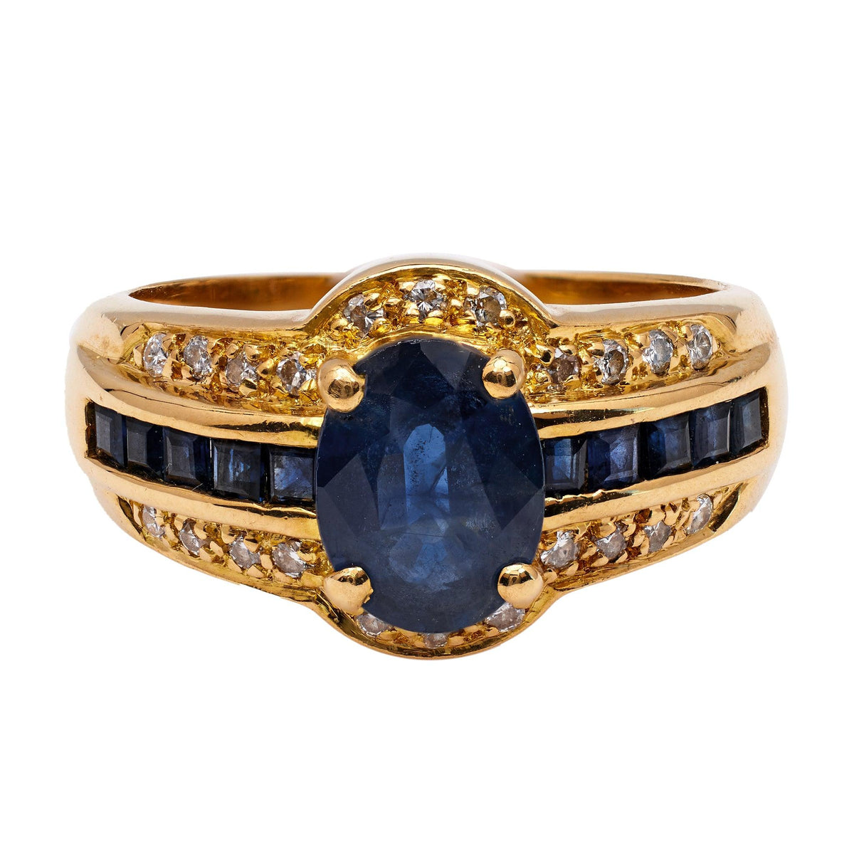 Vintage French Sapphire Diamond 18k Yellow Gold Ring