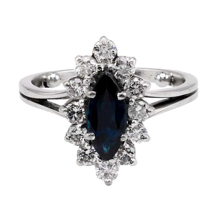 Vintage French Sapphire and Diamond 18k White Gold Cluster Ring