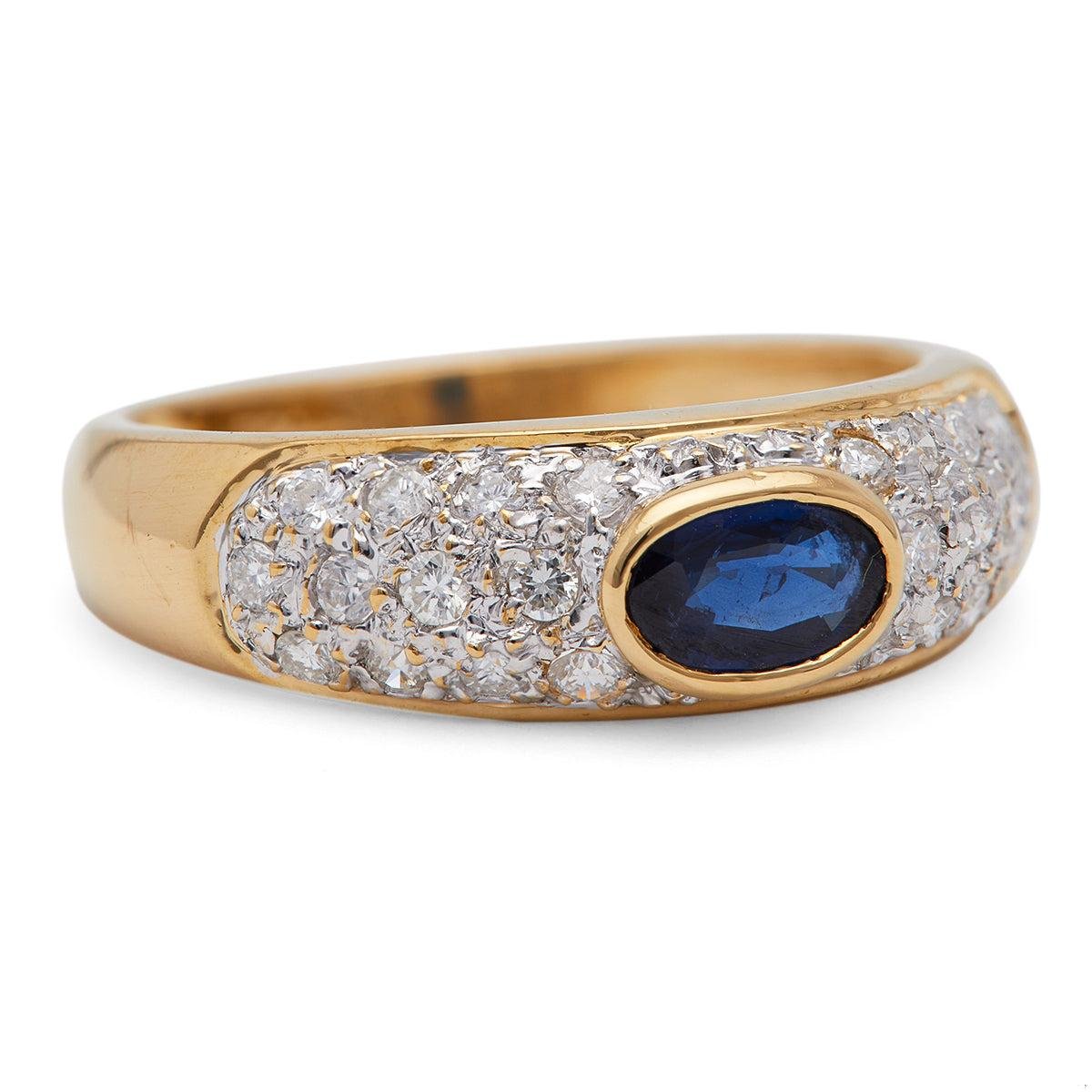 Vintage French Sapphire and Diamond 18k Yellow Gold Ring