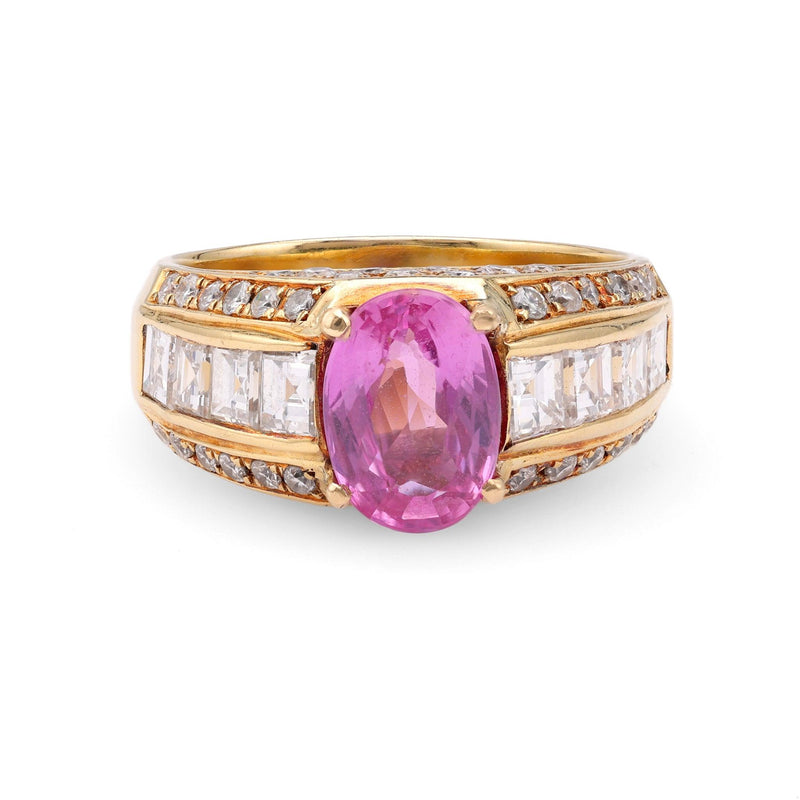 Vintage GIA 1.94 Carat Madagascan Purplish Pink Sapphire Diamond 18k Yellow Gold