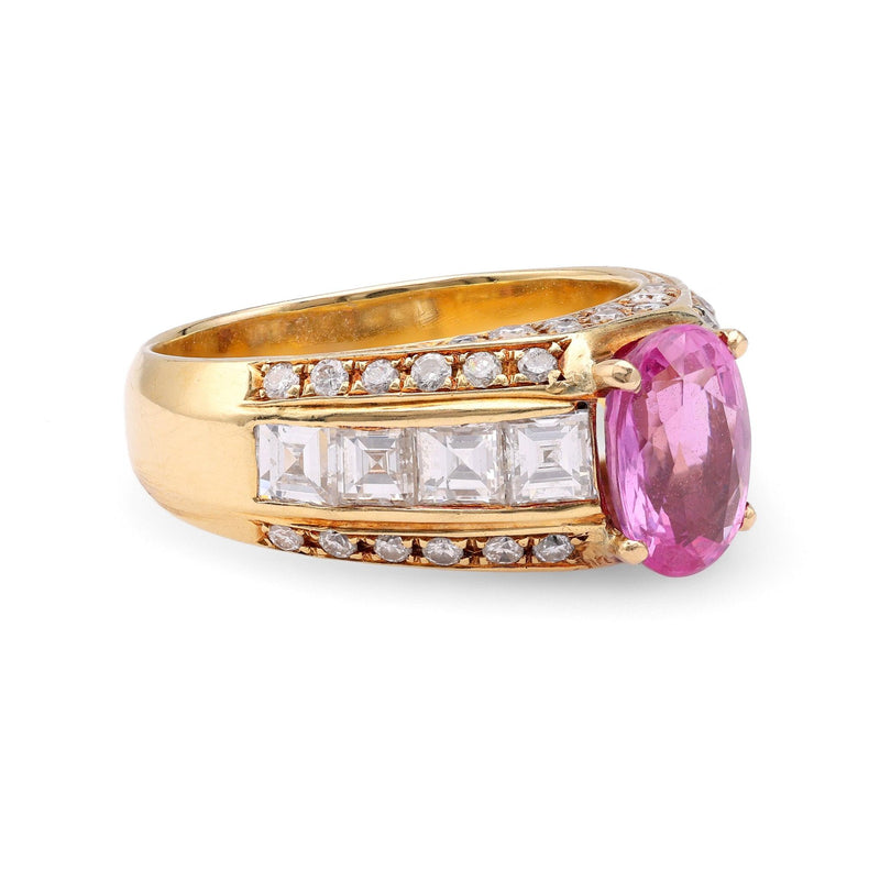 Vintage GIA 1.94 Carat Madagascan Purplish Pink Sapphire Diamond 18k Yellow Gold