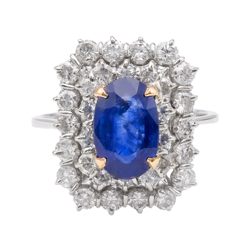 Vintage GIA 2.08 Carat Ceylon Sapphire 18k White Gold Double Halo Ring