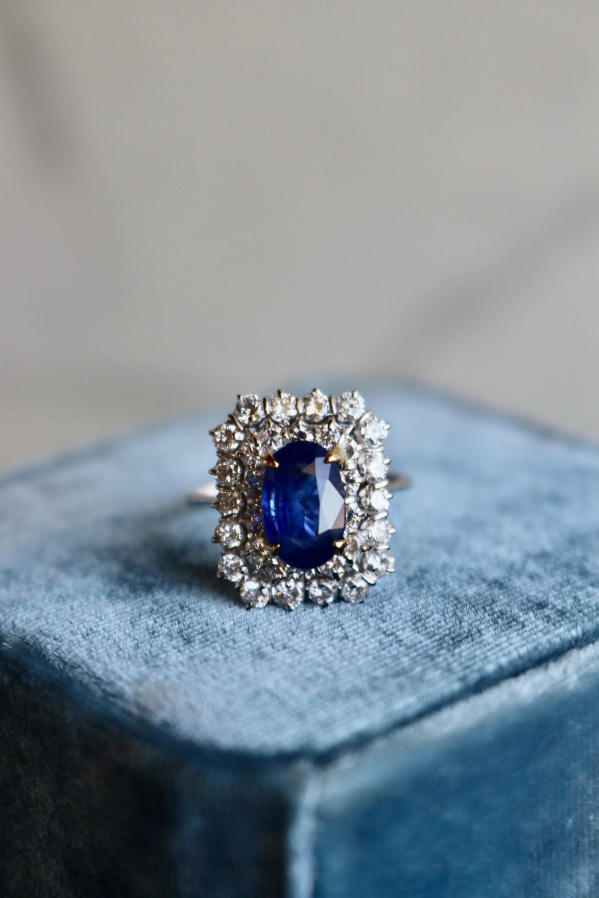 Vintage GIA 2.08 Carat Ceylon Sapphire 18k White Gold Double Halo Ring