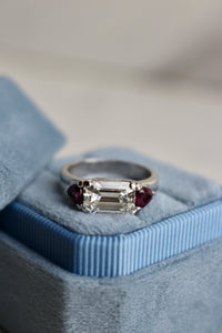 Vintage GIA 2.18 Carat Emerald Cut Diamond Ruby Platinum Ring