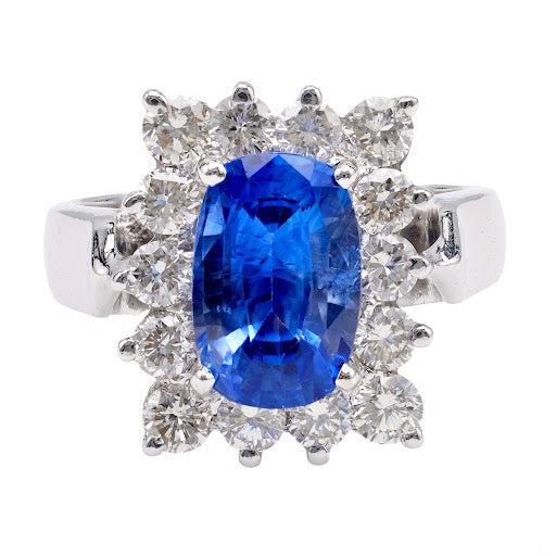 Vintage GIA 2.98 Carat Ceylon Sapphire Diamond Platinum Cluster Ring