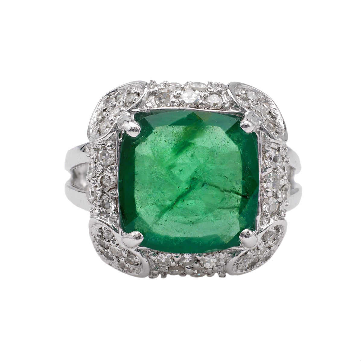 Vintage GIA 4.00 Carat Zambian Emerald Diamond 14k White Gold Ring