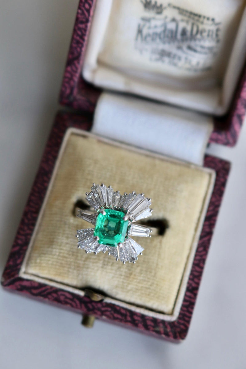 Vintage GIA Colombian Emerald Diamond Platinum Ballerina Cocktail Ring