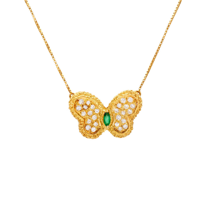 Vintage Italian Emerald and Diamond 18k Yellow Gold Butterfly Necklace