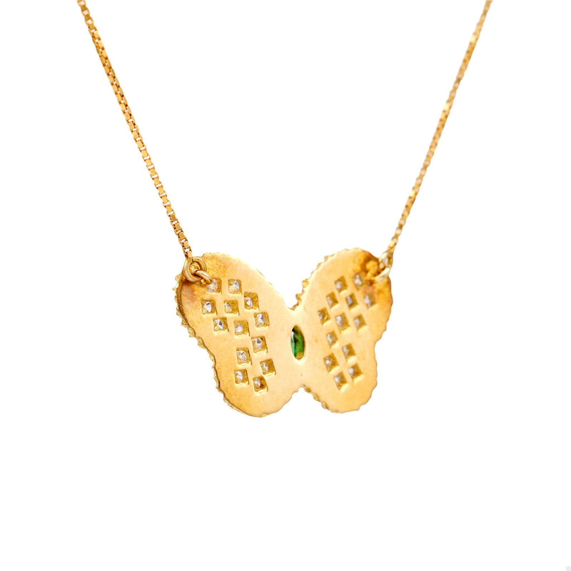 Vintage Italian Emerald and Diamond 18k Yellow Gold Butterfly Necklace