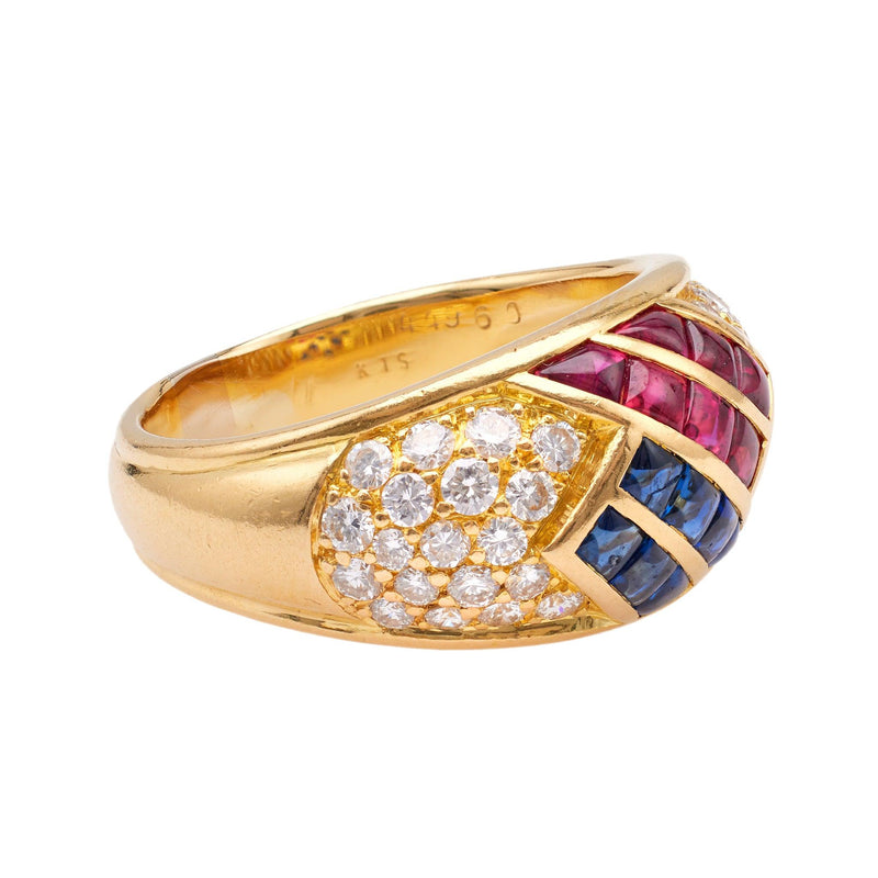 Vintage Mauboussin French Ruby, Sapphire, and Diamond 18k Yellow Gold Dome Ring