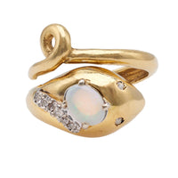 Vintage Opal and Diamond 18k Yellow Gold Snake Ring