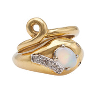 Vintage Opal and Diamond 18k Yellow Gold Snake Ring