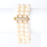 Vintage Pearl Diamond 18k Yellow Gold Three Strand Bracelet