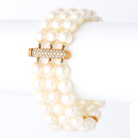 Vintage Pearl Diamond 18k Yellow Gold Three Strand Bracelet