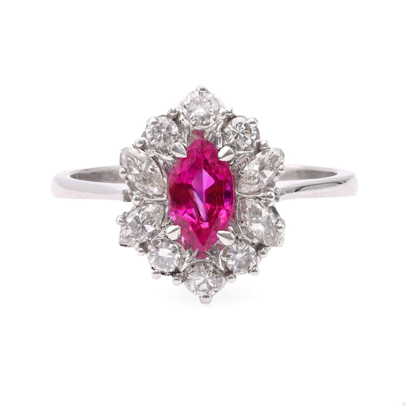 Vintage Ruby Diamond 18k White Gold Cluster Ring