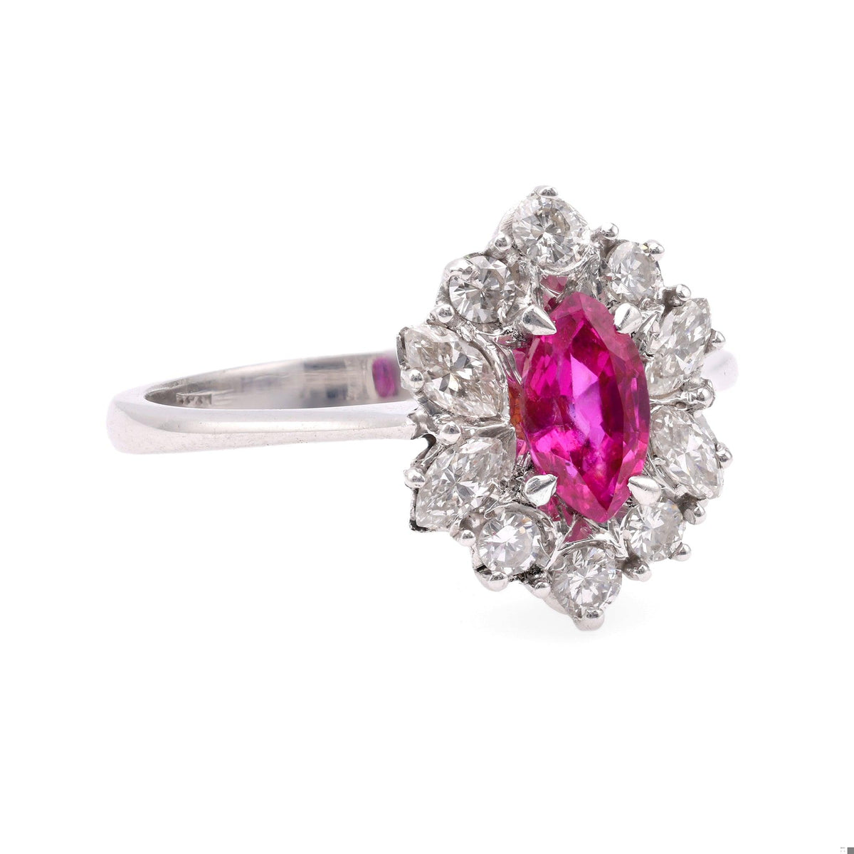 Vintage Ruby Diamond 18k White Gold Cluster Ring