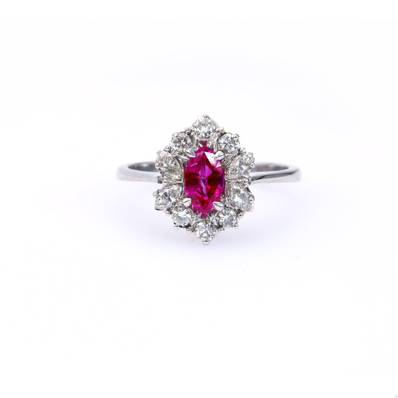 Vintage Ruby Diamond 18k White Gold Cluster Ring