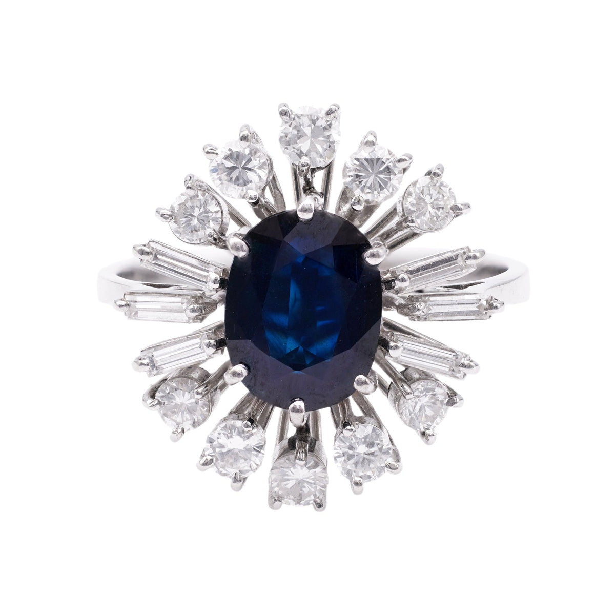 Vintage Sapphire Diamond 18k White Gold Cluster Ring