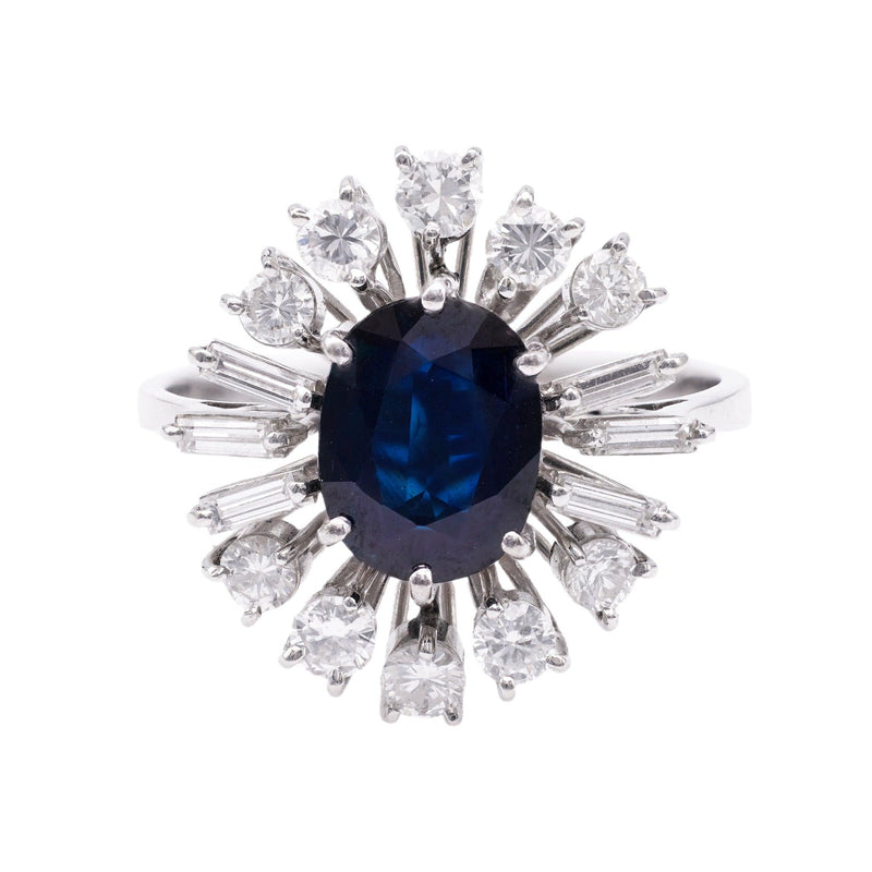 Vintage Sapphire Diamond 18k White Gold Cluster Ring