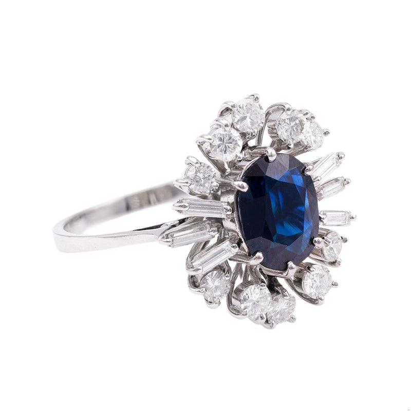 Vintage Sapphire Diamond 18k White Gold Cluster Ring