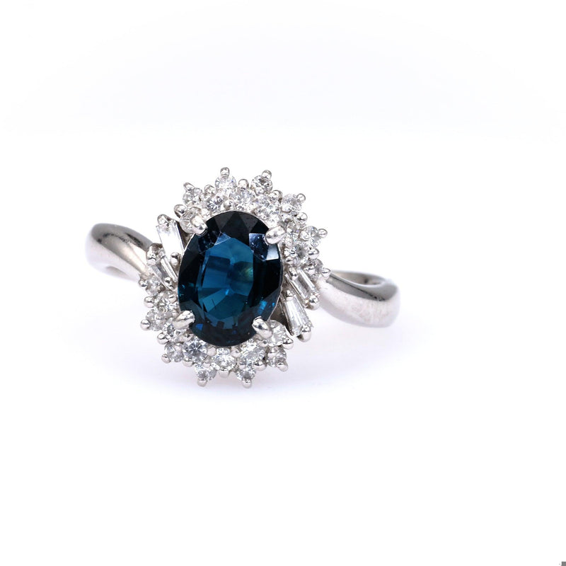 Vintage Sapphire Diamond Platinum Cluster Ring