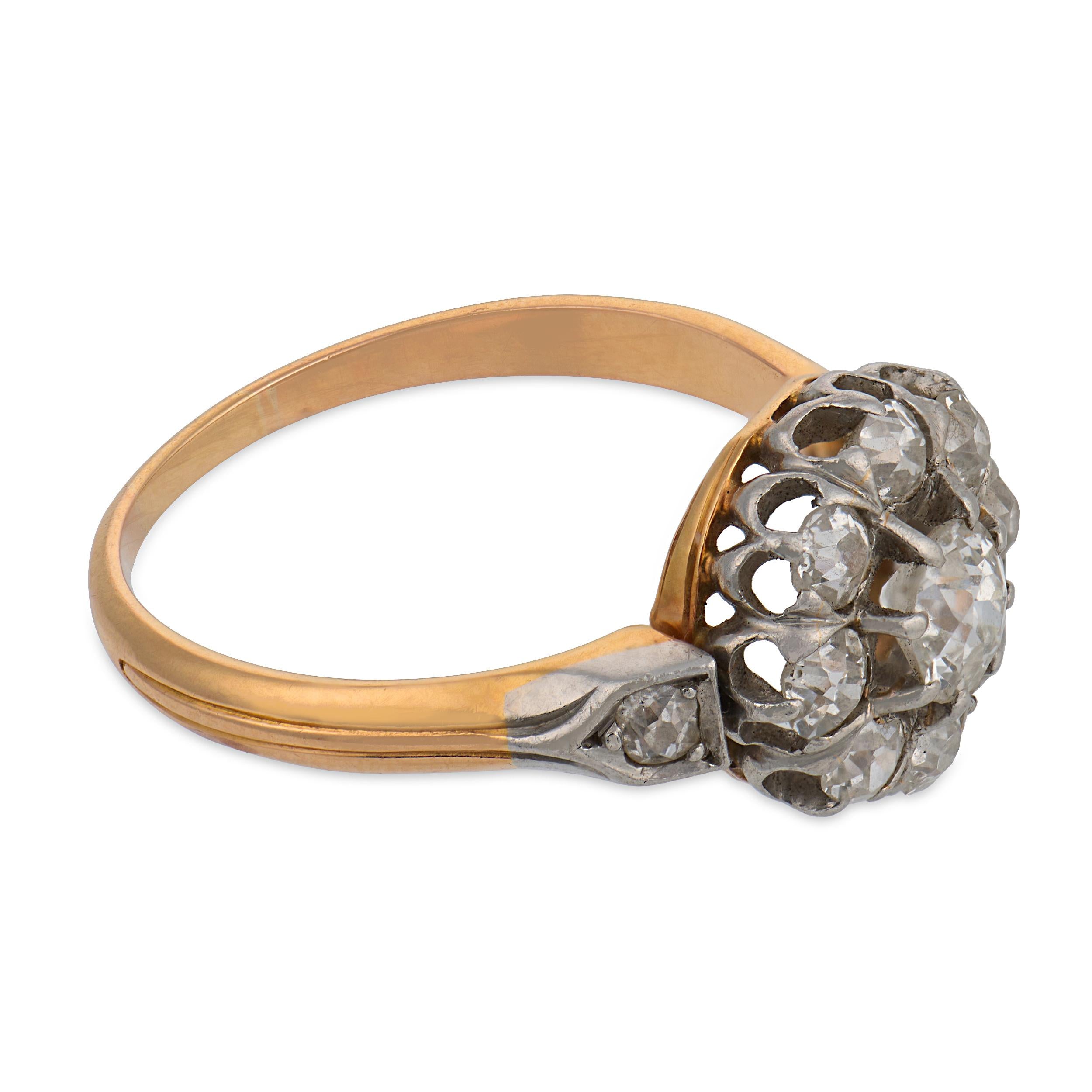 Edwardian old cut diamond two tone cluster ring