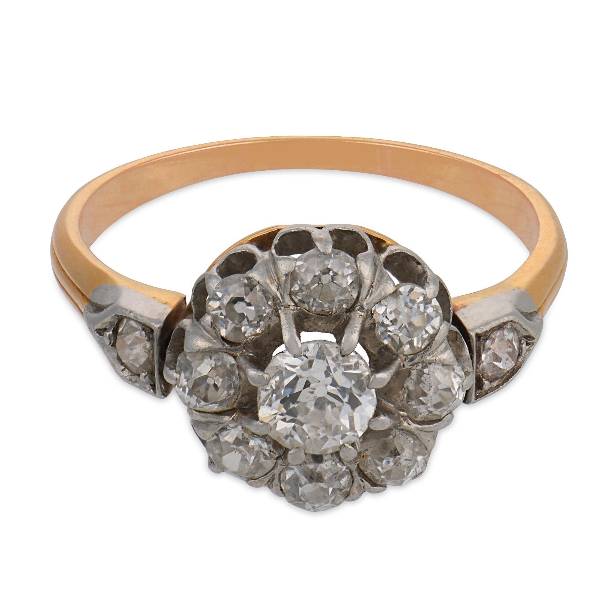 Edwardian old cut diamond two tone cluster ring