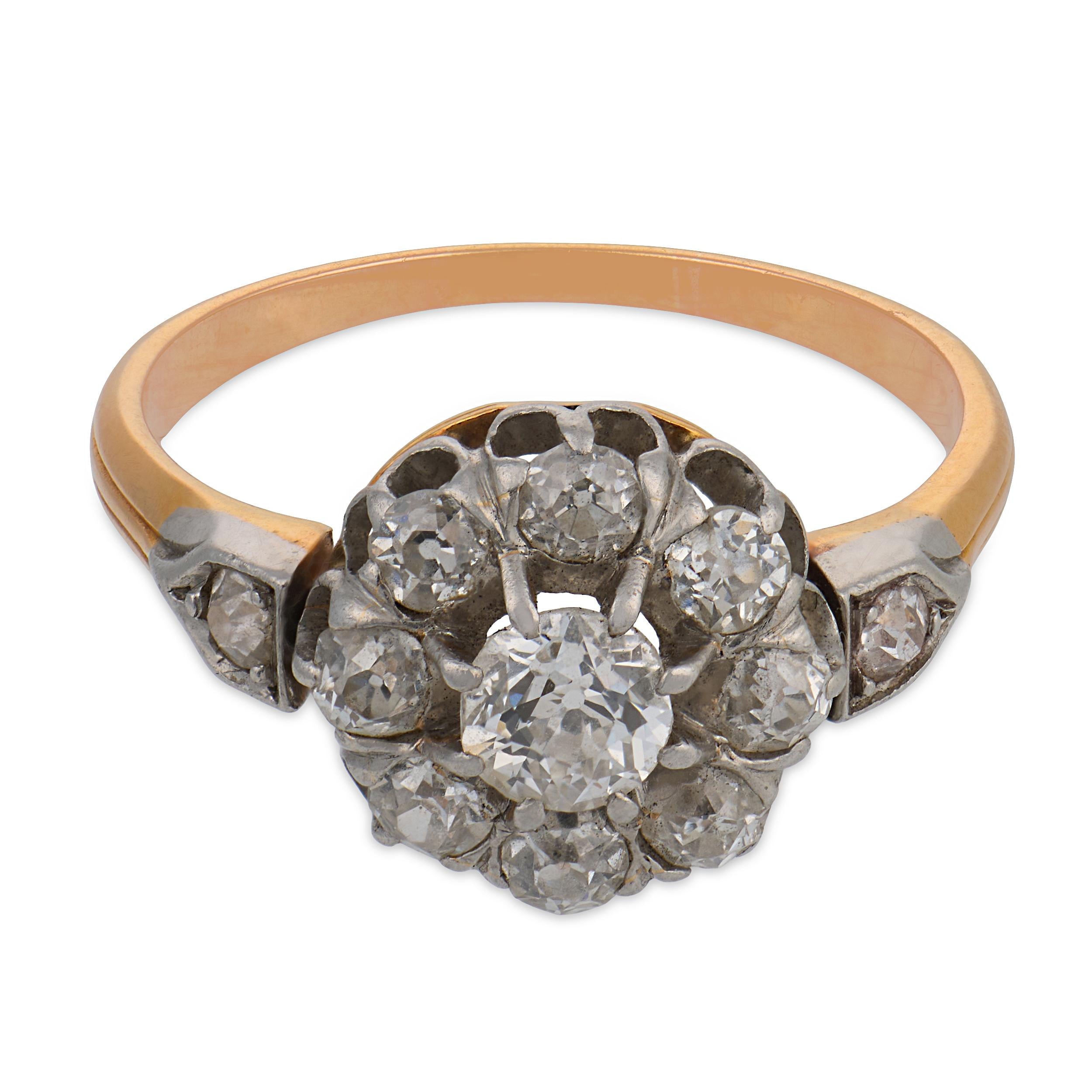 Edwardian old cut diamond two tone cluster ring