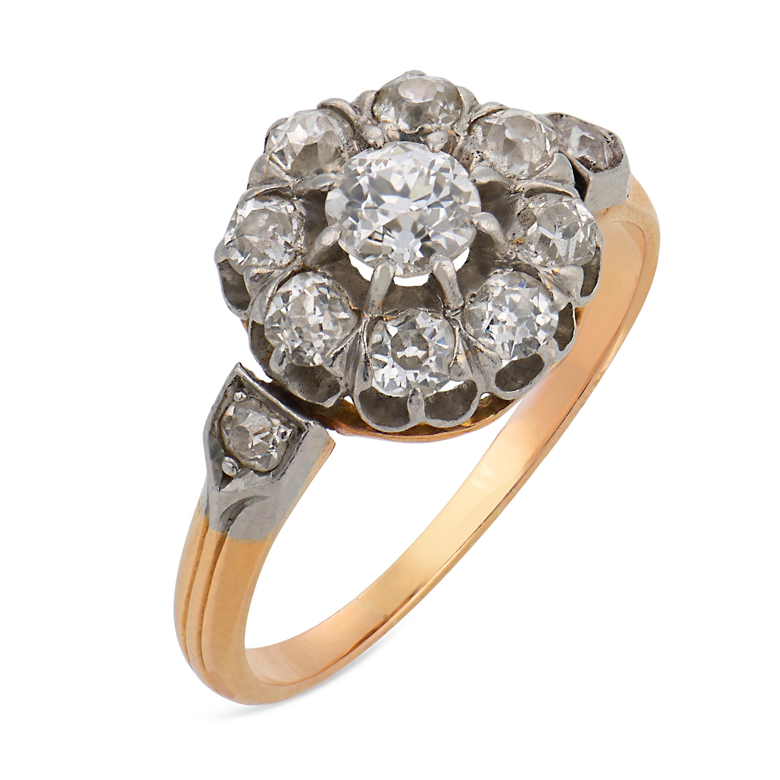 Edwardian old cut diamond two tone cluster ring