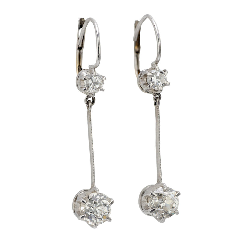 Mid Century 1.30 carat diamond 14k white gold dangle bar earrings