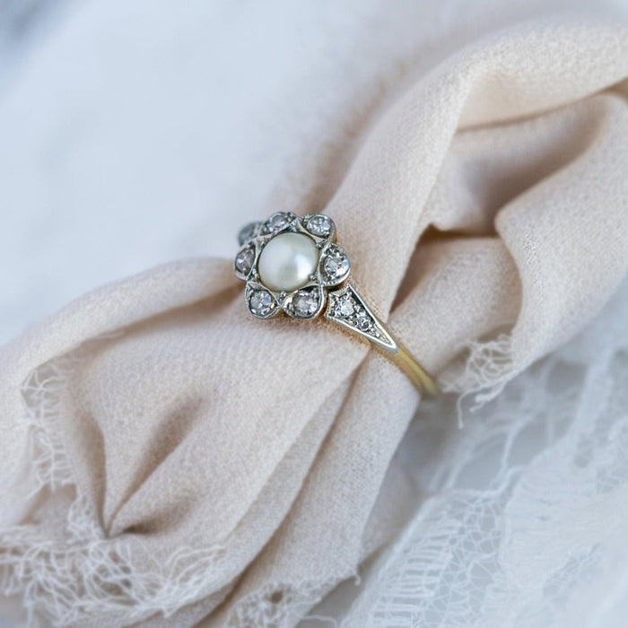 Antique Art Nouveau Pearl & Diamond Flower Ring | Dolis