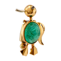 Vintage French 8 Carat Cabochon Emerald 18K Yellow Gold Bird Brooch