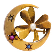 Victorian pearl ruby diamond sapphire 14k yellow gold crescent clover brooch