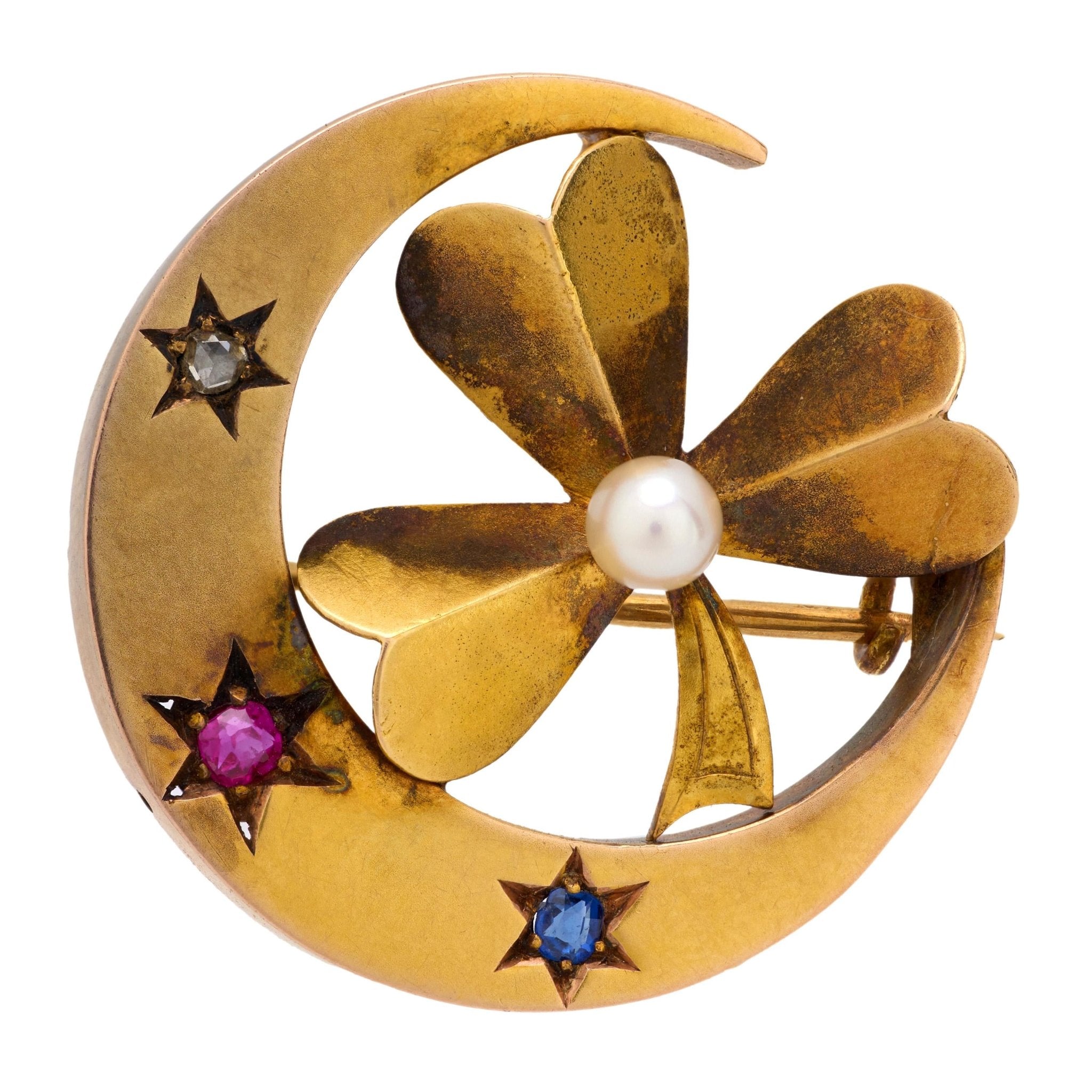 Victorian pearl ruby diamond sapphire 14k yellow gold crescent clover brooch