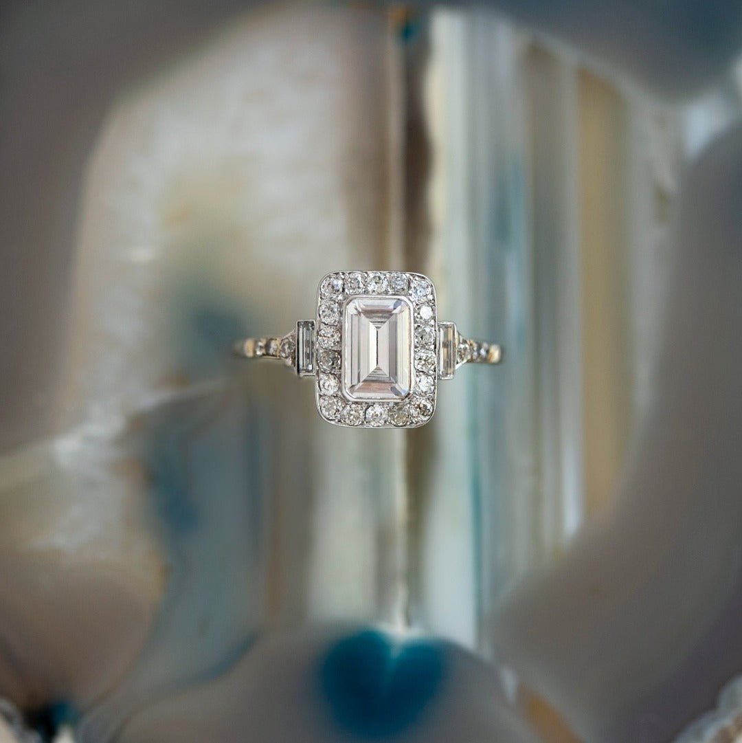 Vintage Art Deco Emerald Cut Diamond Halo Engagement Ring | Mayburn