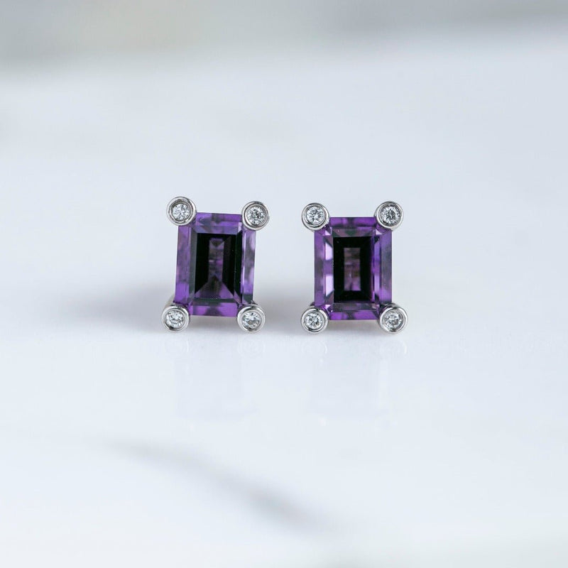 Modern Amethyst and Diamond Stud Earrings