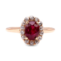 Mid-Century GIA 1.29 Carat Oval Ruby Diamond 14K Rose Gold Cluster Ring